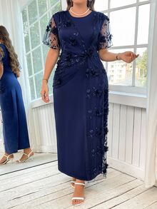 Reflora Plus Size Elegant 3D Floral Decor Mesh Patchwork Dress,Summer Outfits For Women Spring/Summer Outfit Women - Navy Blue - View 3