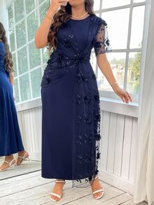 Reflora Plus Size Elegant 3D Floral Decor Mesh Patchwork Dress,Summer Outfits For Women Spring/Summer Outfit Women - Navy Blue - View 6