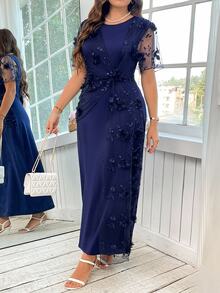 Reflora Plus Size Elegant 3D Floral Decor Mesh Patchwork Dress,Summer Outfits For Women Spring/Summer Outfit Women - Navy Blue - View 7