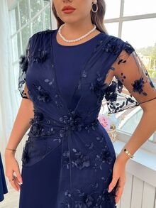 Reflora Plus Size Elegant 3D Floral Decor Mesh Patchwork Dress,Summer Outfits For Women Spring/Summer Outfit Women - Navy Blue - View 1