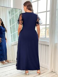 Reflora Plus Size Elegant 3D Floral Decor Mesh Patchwork Dress,Summer Outfits For Women Spring/Summer Outfit Women - Navy Blue - View 2