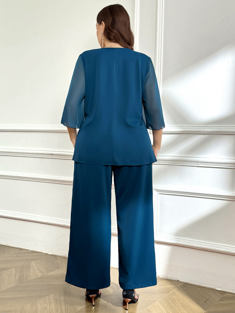 Reflora Plus Size Elegant Light Blue 2 Pieces Set For Wedding Cocktail Evening Autumn Fashion Diamond Waist Chiffon Sleeves Wide-Leg Pants Mother Of The Bride - Navy Blue - View 2