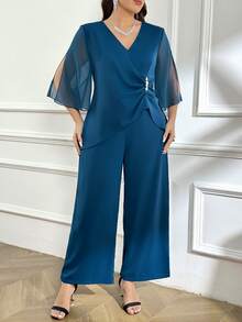 Reflora Plus Size Elegant Light Blue 2 Pieces Set For Wedding Cocktail Evening Autumn Fashion Diamond Waist Chiffon Sleeves Wide-Leg Pants Mother Of The Bride - Navy Blue - View 5