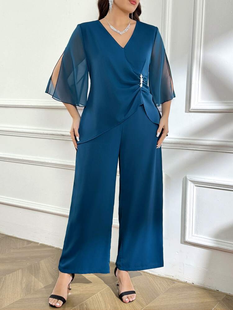 Reflora Plus Size Elegant Light Blue 2 Pieces Set For Wedding Cocktail Evening Autumn Fashion Diamond Waist Chiffon Sleeves Wide-Leg Pants Mother Of The Bride - Navy Blue - View 4