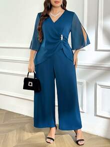Reflora Plus Size Elegant Light Blue 2 Pieces Set For Wedding Cocktail Evening Autumn Fashion Diamond Waist Chiffon Sleeves Wide-Leg Pants Mother Of The Bride - Navy Blue - View 4