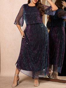 Reflora Plus Size Elegant Shiny Pleats Party Dress Christmas Outfit Outfits Women Rave For Valentine's Day Spring/Summer Modest Plus Size Dresses Fall - Purple - View 6