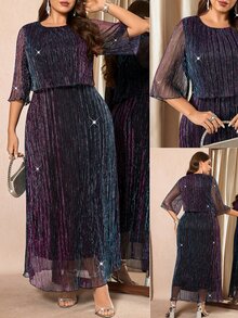 Reflora Plus Size Elegant Shiny Pleats Party Dress Christmas Outfit Outfits Women Rave For Valentine's Day Spring/Summer Modest Plus Size Dresses Fall - Purple - View 8