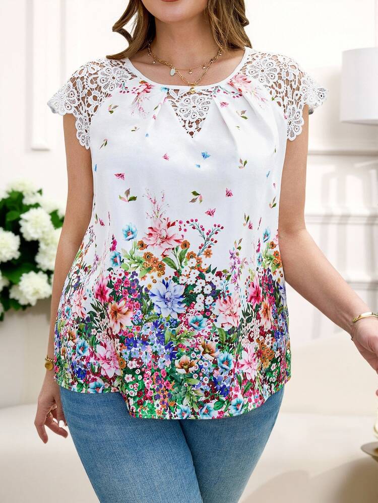 Reflora Plus Size Women's Floral Print Lace Patchwork Fashion Shirts, Casual Everyday Wear, Elegant Summer Tops, Resort Beach Party Wedding White - Multicolor - View 4
