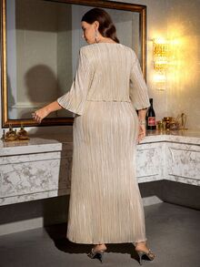 Reflora Curve Plus Size Women's Elegant Gold Metallic Round Neck Ruffle Pleated Dress,Champagne Long Sleeve Formal Wedding Gown For Autumn,Party Ball Gown - Champagne - View 3