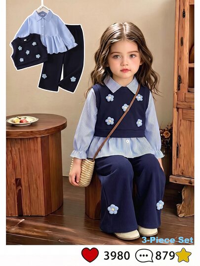Casuvi Kids Ensemble 3 pièces pour jeune fille, printemps automne hiver, chemise à manches longues rayée + gilet tricoté avec broderie florale 3D + pantalon à jambes larges, tissu doux et confortable, style preppy doux, tenue pour enfants, convient pour le port quotidien et les photos de vacances