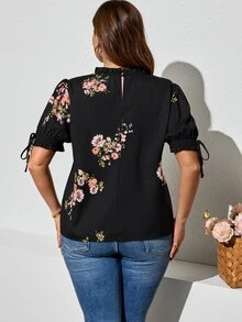 Reflora Plus Size Casual, Work Puff Sleeve Floral Print Blouse Spring, Summer For Women Elegant Blouse For Ladies - Black - View 2