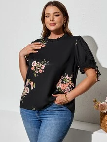 Reflora Plus Size Casual, Work Puff Sleeve Floral Print Blouse Spring, Summer For Women Elegant Blouse For Ladies - Black - View 4