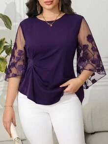 Reflora Plus Size Solid Color Round Neck Flare Sleeve Mesh Patchwork Sheer Asymmetrical Hem Blouse Formal Office Evening Dark Purple Autumn Elegant Fall - Purple - View 3