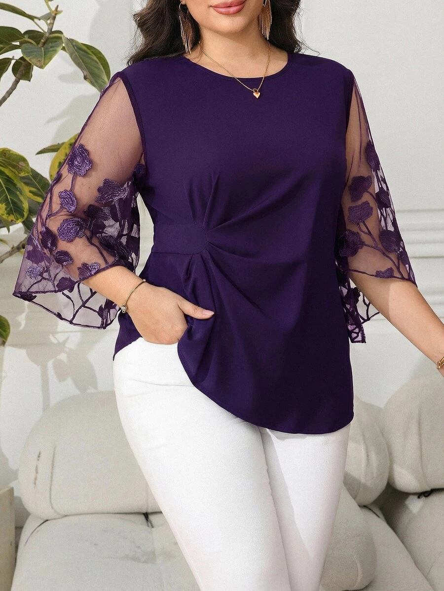 Reflora Plus Size Solid Color Round Neck Flare Sleeve Mesh Patchwork Sheer Asymmetrical Hem Blouse Formal Office Evening Dark Purple Autumn Elegant Fall - Purple - View 1