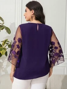 Reflora Plus Size Solid Color Round Neck Flare Sleeve Mesh Patchwork Sheer Asymmetrical Hem Blouse Formal Office Evening Dark Purple Autumn Elegant Fall - Purple - View 2