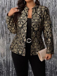 Reflora 圣诞节加大码女士浪漫优雅正式金色闪亮立体提花面料长袖外套，闪亮金色，舒适保暖，2025新款，冬季，复古，外出，秋季，办公室，优雅，圣诞节服装，万圣节，老钱风格，秋季，商务休闲，办公室 - 金色 - 查看 6