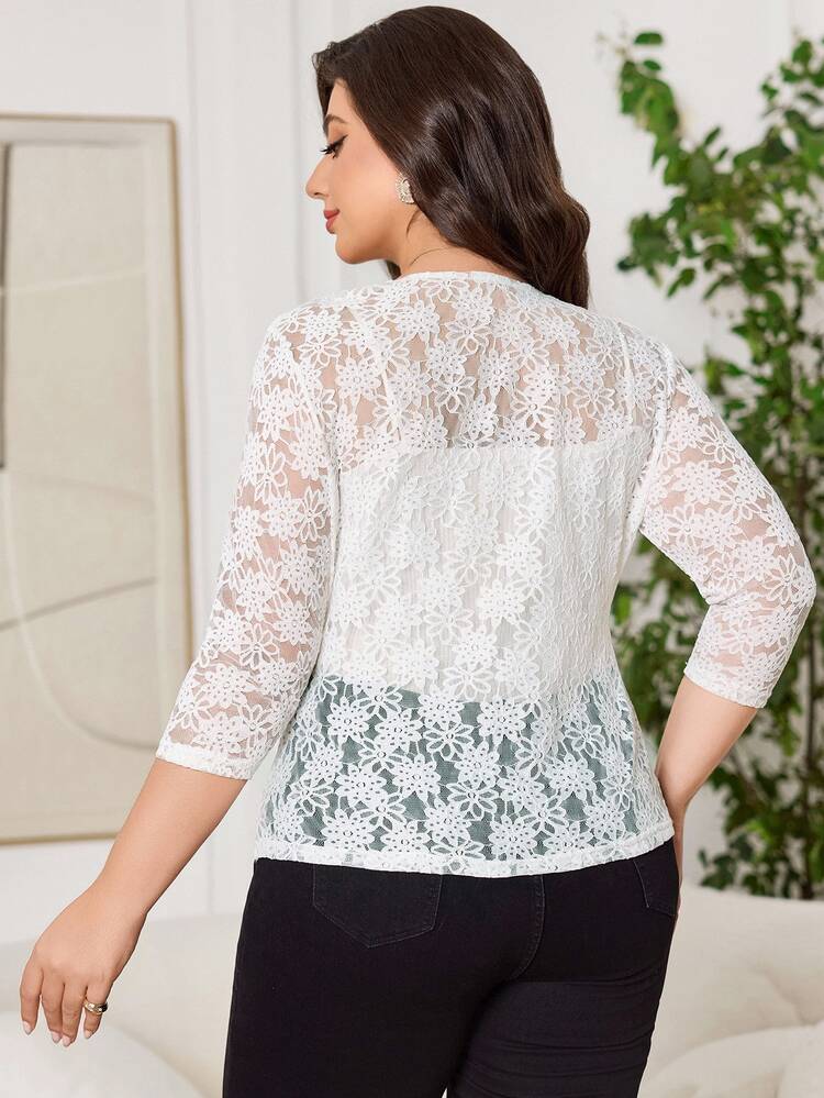 Reflora Curve Plus Size Women White Bridal Elegant Wedding Party Floral Lace 3/4 Sleeve Open Front Light Jacket Sun Protection Cardigan Coat Tops Autumn - White - View 3