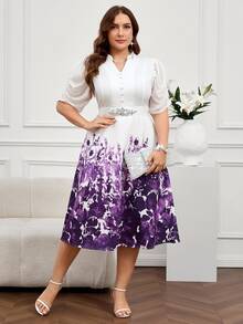 Reflora Plus Size Elegant Flower Print Notched Neck Summer Dress Valentine's Day Outfit - Purple - View 9