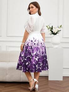Reflora Plus Size Elegant Flower Print Notched Neck Summer Dress Valentine's Day Outfit - Purple - View 3