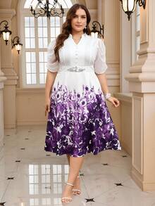 Reflora Plus Size Elegant Flower Print Notched Neck Summer Dress Valentine's Day Outfit - Purple - View 2