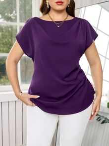 Reflora Blusa de manga corta con cuello de barco y drapeado en unicolor, elegante para el verano, talla grande - Morado - Ver 6