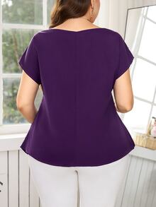 Reflora Blusa de manga corta con cuello de barco y drapeado en unicolor, elegante para el verano, talla grande - Morado - Ver 9