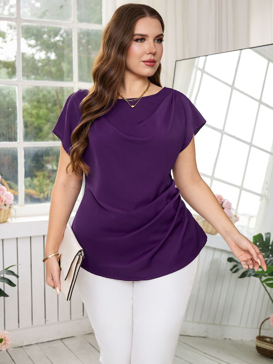 Reflora Blusa de manga corta con cuello de barco y drapeado en unicolor, elegante para el verano, talla grande - Morado - Ver 1