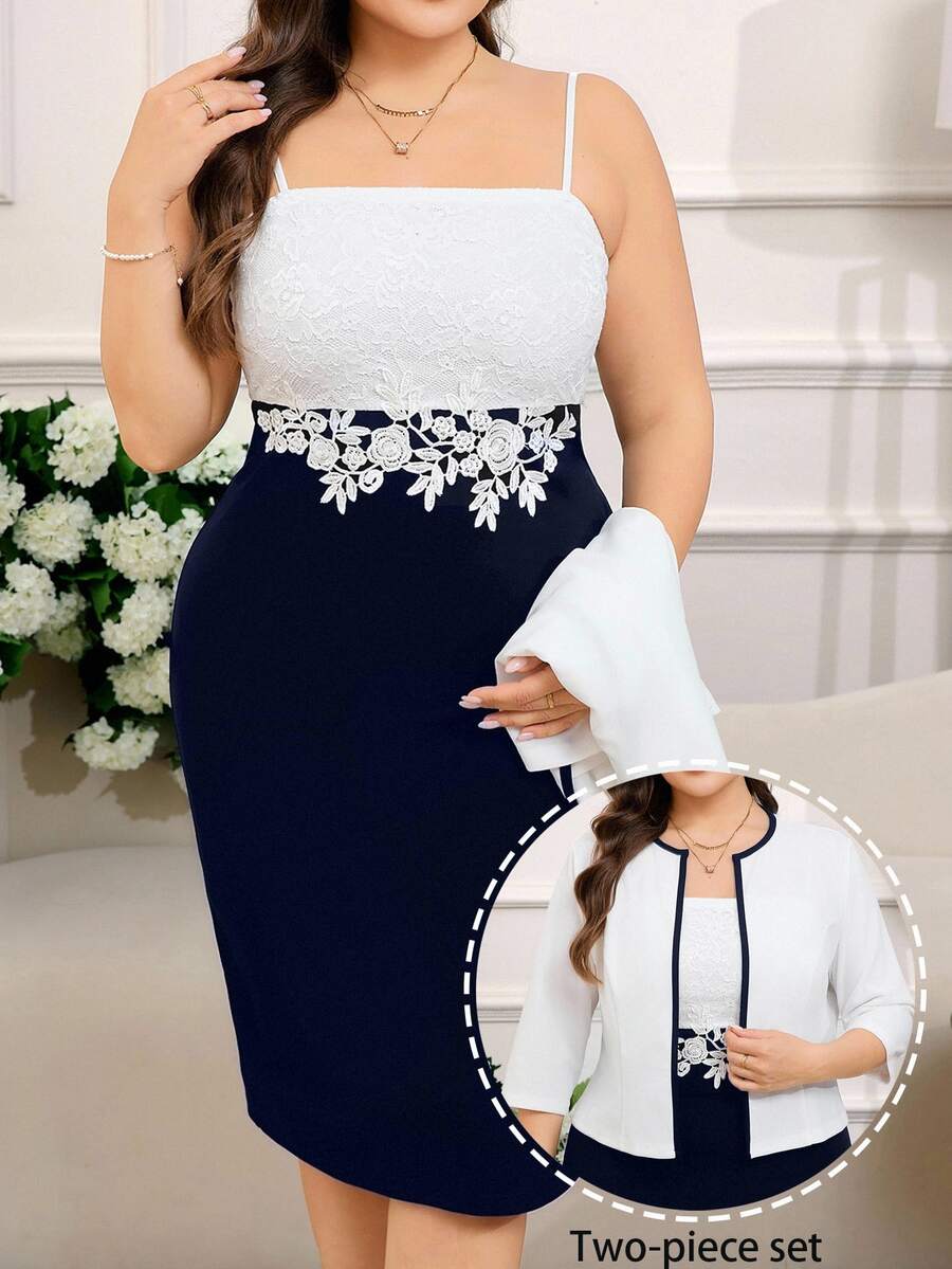 Reflora 2件組大尺碼女款對比蕾絲優雅星空洋裝與外套套裝,秋季穿搭,婚禮正式場合雞尾酒會,海軍藍白色 - 彩色 - 查看 1