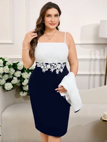 Reflora 2件組大尺碼女款對比蕾絲優雅星空洋裝與外套套裝，秋季穿搭，婚禮正式場合雞尾酒會，海軍藍白色 - 彩色 - 查看 8