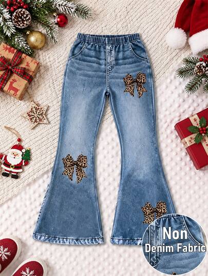 SHEIN 1 pieza Pantalones acampanados de punto azul para niñas con lazo, estampado de leopardo, lindo estilo kawaii, cómodos y versátiles para uso diario, pantalones para todas las estaciones