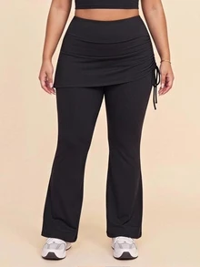 SHEIN Sports Women's Plus Size Solid Color Side Drawstring 2 In 1 Sports Leggings - Black - View 4