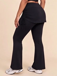 SHEIN Sports Women's Plus Size Solid Color Side Drawstring 2 In 1 Sports Leggings - Black - View 2