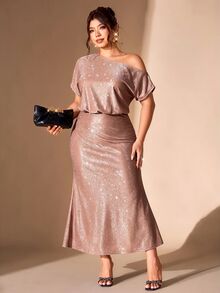 Cravure Plus Size Women's Shiny Asymmetrical Shoulder Short Sleeve Elegant Dress - Champagne - View 5