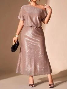 Cravure Plus Size Women's Shiny Asymmetrical Shoulder Short Sleeve Elegant Dress - Champagne - View 4