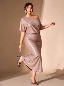 Cravure Plus Size Women's Shiny Asymmetrical Shoulder Short Sleeve Elegant Dress - Champagne - View 1