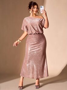 Cravure Plus Size Women's Shiny Asymmetrical Shoulder Short Sleeve Elegant Dress - Champagne - View 3