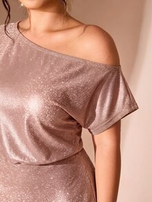Cravure Plus Size Women's Shiny Asymmetrical Shoulder Short Sleeve Elegant Dress - Champagne - View 6