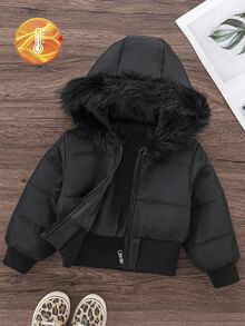 女童黑色连帽加厚高腰罗纹修身时尚羽绒服，秋冬季休闲百搭外套，女童黑色带毛领羽绒服，女童冬季外套，黑色冬季夹克，黑色夹克，黑色连帽羽绒服，秋季 - 黑色 - 查看 9