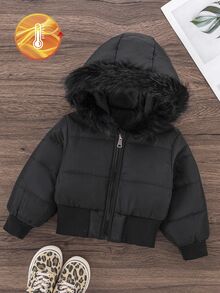 女童黑色连帽加厚高腰罗纹修身时尚羽绒服，秋冬季休闲百搭外套，女童黑色带毛领羽绒服，女童冬季外套，黑色冬季夹克，黑色夹克，黑色连帽羽绒服，秋季 - 黑色 - 查看 6