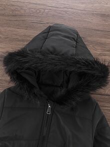 女童黑色连帽加厚高腰罗纹修身时尚羽绒服，秋冬季休闲百搭外套，女童黑色带毛领羽绒服，女童冬季外套，黑色冬季夹克，黑色夹克，黑色连帽羽绒服，秋季 - 黑色 - 查看 8