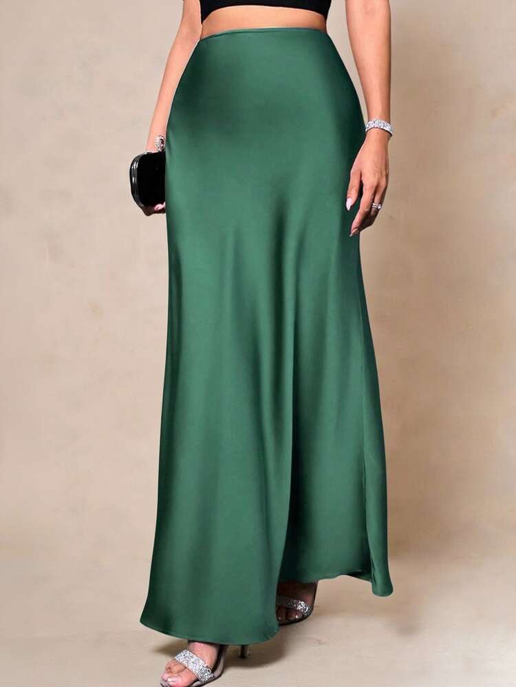 Glamine Women's Satin Skirt, Versatile Fish Tail Hem Skirt, Elegant Daily Wear Skirt, Green - Army Green - View 1