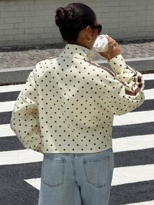 Muchica 女款街頭風復古休閒黑白波點印花鈕扣夾克外套，附口袋，適合日常外出，Y2K秋季街頭穿搭 - 黃色 - 查看 2