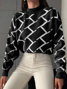 EURMUSE Women's Casual Geometric Pattern Sweater For Fall And Winter - Black - View 6