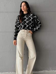 EURMUSE Women's Casual Geometric Pattern Sweater For Fall And Winter - Black - View 5