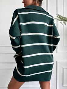 EURMUSE Drop Shoulder Stripes Sweater With Half Zipper - Green - View 6