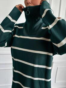 EURMUSE Drop Shoulder Stripes Sweater With Half Zipper - Green - View 4