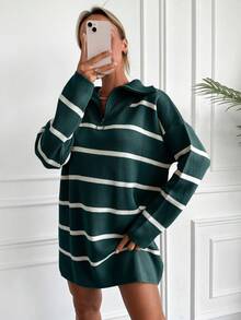 EURMUSE Drop Shoulder Stripes Sweater With Half Zipper - Green - View 5