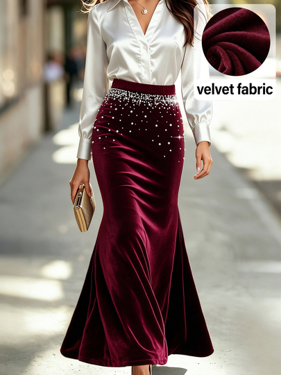Elenzga Falda larga de sirena hasta el suelo para mujer, color borgoña liso, de terciopelo brillante con pedrería, cintura ceñida, elegante, sofisticada, romántica y exquisita, de alta gama y lujo, para invitada de boda, fiesta de cumpleaños y reuniones de otoño/invierno