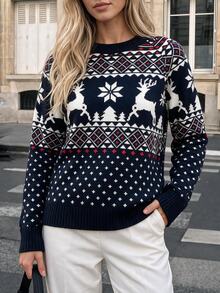 EURMUSE Christmas Pattern Raglan Sleeve Sweater - Navy Blue - View 3