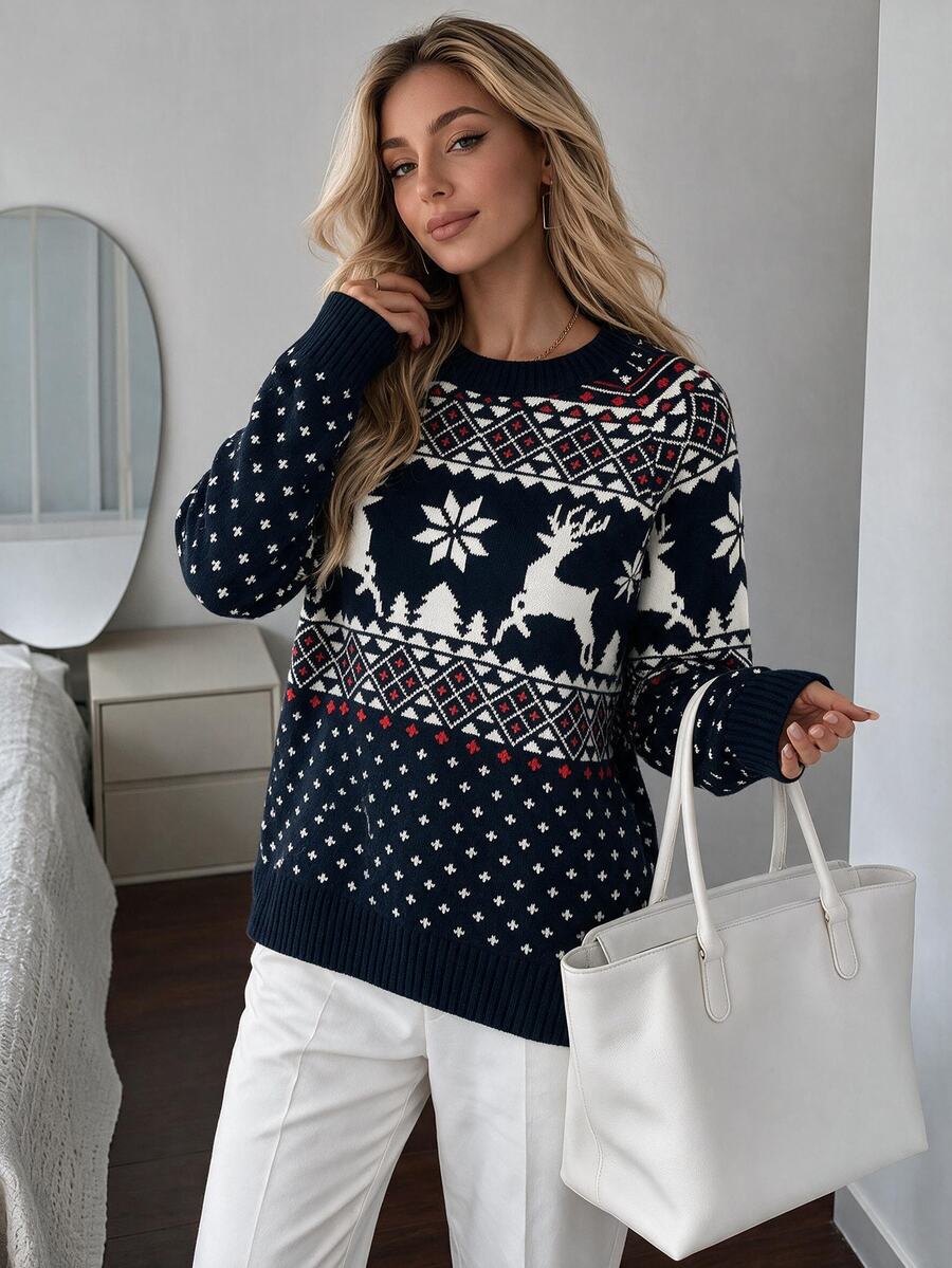EURMUSE Christmas Pattern Raglan Sleeve Sweater